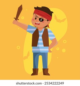 Pirate boy with sword and eyepatch for Halloween, Vector