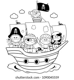 Pirate boys and girls sailing on a ship on the sea. Vector black and white coloring page.