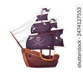 Pirate broken ship with skull and crossbones on black torn sails after battle vector illustration