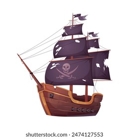 Pirate broken ship with skull and crossbones on black torn sails after battle vector illustration