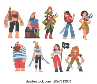 Pirate or Buccaneer Character with Saber and Striped Vest as Marine Robber Vector Set