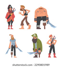 Pirate or Buccaneer Character with Saber and Striped Vest as Marine Robber Vector Set