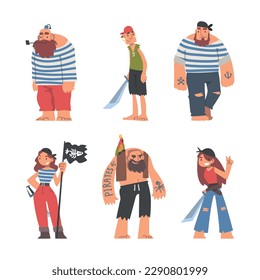 Pirate or Buccaneer Character with Saber and Striped Vest as Marine Robber Vector Set