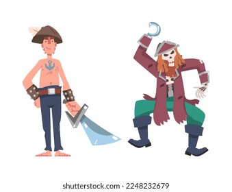 Pirate or Buccaneer with Saber and Skeleton with Hook Vector Set