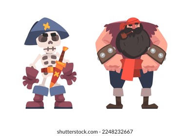 Pirate or Buccaneer with Smoking Pipe and Skeleton with Saber Vector Set