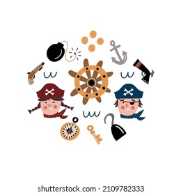 Pirate bundle design with buccaneer accessories, cute kids faces in tricorn hats and ship wheel. Vector illustration for birthday party, print, poster, stickers.