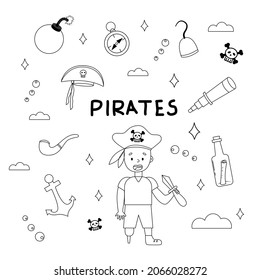pirate bundle hand drawing. set of compass, pirate, bottle, hook, bomb.