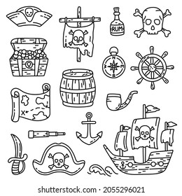 Pirate bundle outline sketch. Hat, flag, ship and skull with bones. Pirate emblem, bottle of rum, compass and treasure chest. Barrel, map, pipe, anchor and dagger. Vector items