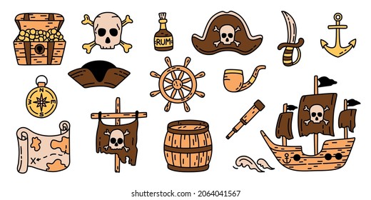 Pirate bundle sketch. Hat, flag, ship and skull with bones. Emblem, bottle of rum, compass and treasure chest. Barrel, map, pipe, anchor and dagger. Vector item kit