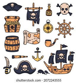 Pirate bundle sketch. Hat, flag, ship and skull with bones. Pirate emblem, bottle of rum, compass and treasure chest. Barrel, map, pipe, anchor and dagger. Vector item kit