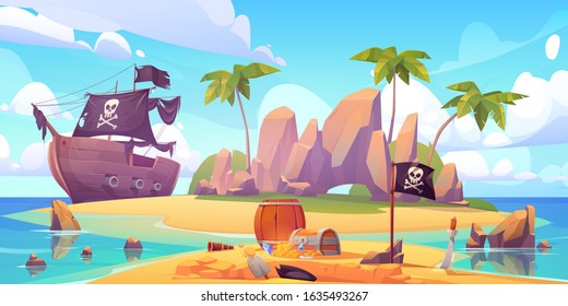 Pirate buries treasure chest on island beach. Vector cartoon illustration of sea landscape with wooden ship with skull on black sails, uninhabited tropical island and capitan hat in dug hole