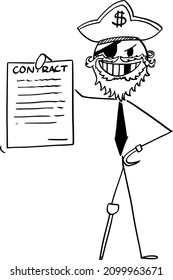 Pirate businessman with contract or agreement to sign , vector cartoon stick figure or character illustration.