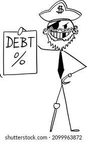 Pirate businessman with promissory note, debt or loan concept, vector cartoon stick figure or character illustration.