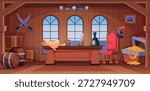 Pirate cabin. Battleship pirate cabin interior with specific wooden decoration exact vector adventure and sea exploration concept background