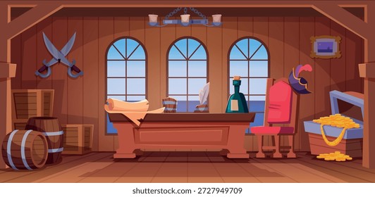 Pirate cabin. Battleship pirate cabin interior with specific wooden decoration exact vector adventure and sea exploration concept background