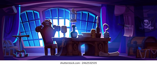 Interior de la cabina pirata dentro con tesoro en el barco por la noche. Sala de la cubierta del barco de madera vieja con la mesa del capitán, el pecho y la botella del ron para el ambiente del juego de aventura del corsario. Buccaneer antiguo lugar ui