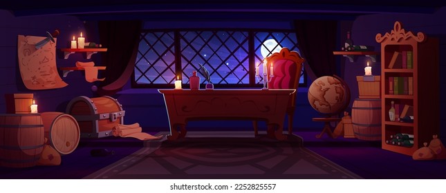 Pirate cabin interior on ship at night. Vector cartoon illustration of room with antique wooden furniture, treasure chest, map on wall, rum barrels, wine bottles on shelf, midnight sky in window