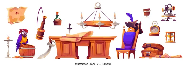 Pirate Cabin Interior Stuff, Isolated Set. Wooden Table, Old Map, Treasure Chest, Parrot And Barrel With Rum, Captain Cocked Hat, Chair, Spyglass And Bottle With Message, Cartoon Vector Illustration