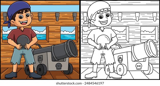 Pirata con Canon para colorear ilustración de página