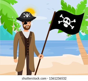 Pirate Capitan with Black Flag Flat Illustration. Guy in Coat and Hat with Crossbones Cartoon Character. Corsair with Wooden Leg and Eyepatch Holding Jolly Roger. Treasure Hunter on Sea Shore