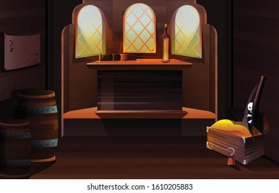 Cabina de barcos capitan pirata. Dibujo vectorial del interior de la habitación de madera con botella y vidrio espía sobre el escritorio, mapa de la pared, cofre del tesoro y bandera negra con calavera y huesos cruzados