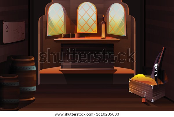 Pirate\
capitan ship cabin. Vector cartoon illustration of wooden room\
interior with bottle and spyglass on desk, map on wall, treasure\
chest and black flag with skull and\
crossbones