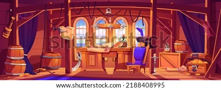 Pirate capitan ship cabin. Wooden room interior, game background with corsair stuff and items. Table with bottle of rum, map, treasure chest, cocked hat and spyglass, Cartoon vector illustration ストックフォト © 
