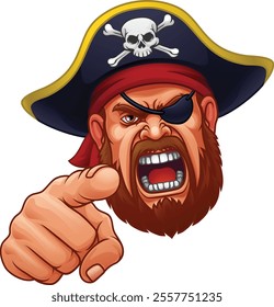 A pirate captain angry mascot cartoon man face or head pointing at the viewer.