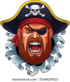 A pirate captain angry mascot cartoon man face or head breaking through the background.