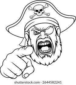 Um capitão pirata com cara ou cabeça de mascote furioso apontando para o espectador.