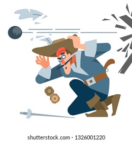 Pirate captain in the battle, scared of the enemy cannon core. The character of a pirate. Vector cartoon illustration flat.