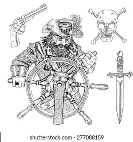 Pirate captain behind steering wheel, pirate knife, gun and skull with crossed bones isolated, engraved illustration with hand drawn design elements