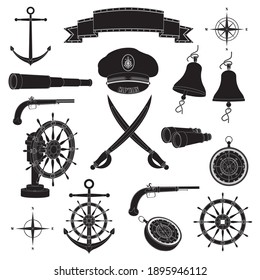 pirate captain black icon vector set isolating on white background
