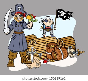 Pirate Captain Black and Team with Treasure - Vector Cartoon Illustration