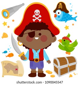 Pirate captain boy. Vector illustration set.