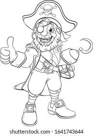 A pirate captain cartoon character in black and white outline like a colouring book page