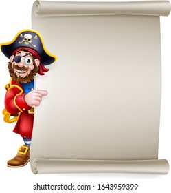 A pirate captain cartoon character peeking around a scroll sign background and pointing at it 