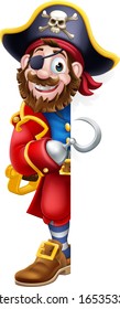 A pirate captain cartoon character peeking around a sign background and pointing at it with his hook
