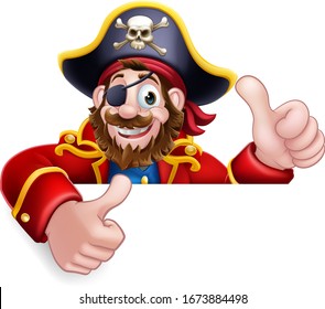 A pirate captain cartoon character peeking over a sign background and giving a thumbs up
