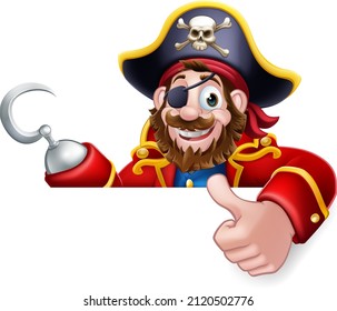 A pirate captain cartoon character peeking over a sign background and giving a thumbs up
