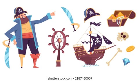 Pirate captain character with tools isolated set collection concept. Vector graphic design element illustration