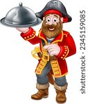 A pirate captain chef with food a silver cloche plate or platter cartoon character mascot.
