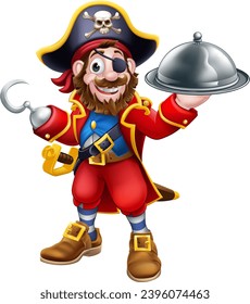 A pirate captain chef with food a silver cloche plate or platter cartoon character mascot.