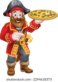 Un capitán pirata, chef o camarero, sirviendo una mascota de caricatura de pizza.