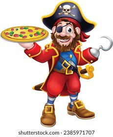 Un capitán pirata, chef o camarero, sirviendo una mascota de caricatura de pizza.