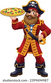 A pirate captain chef or waiter serving pizza cartoon character mascot.