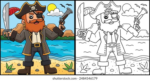 Pirate Captain Coloring Page Colored Illustration