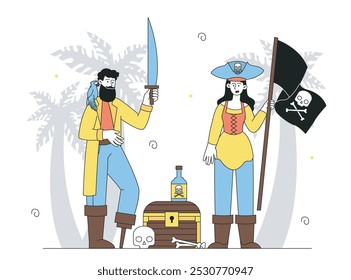 Conceito de capitão pirata. Mulher com bandeira pirata e homem com sabre e papagaio perto do peito com baús de tesouro. Aventura náutica. Ilustração de vetor linear isolada no plano de fundo branco