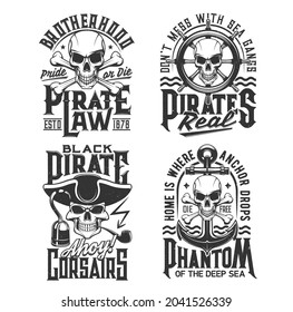 Pirate captain and corsair skull t-shirt print vector mockup of piracy. Skulls and skeleton head of dead pirate captain, corsair or sailor with hat, hook and anchors, helm, wheel and sea waves