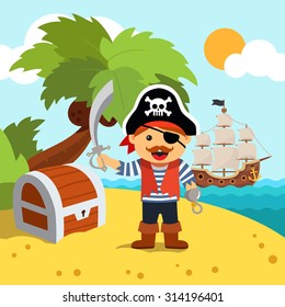 Pirate captain disembarked on a palm tree beach island shore to bury his treasure chest. Vector flat style isolated cartoon illustration.